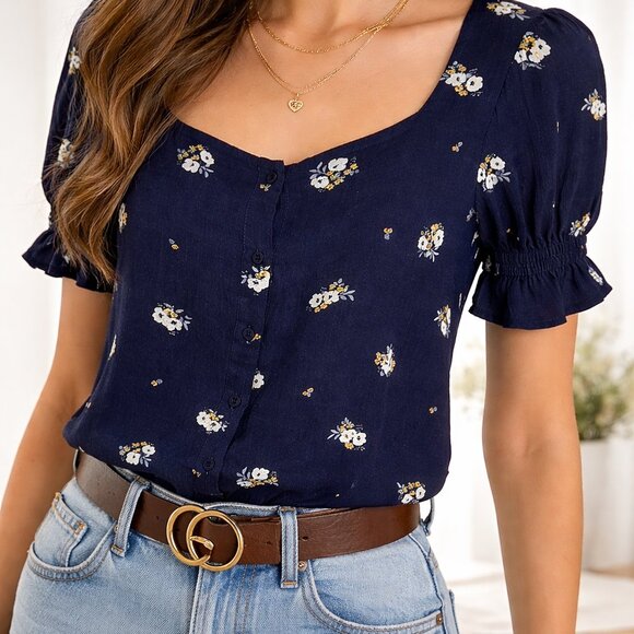 Elodie Tops - Elodie Navy Floral Button-Front Blouse – Size S – NWT